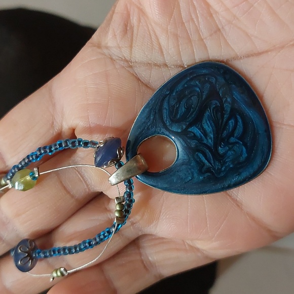 Blue Swirly Enameled Pendant Beaded Necklace - Picture 4 of 5